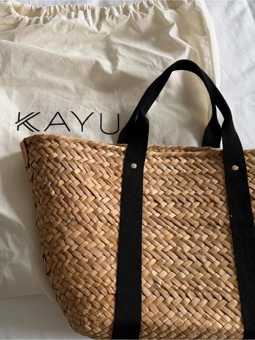KAYU Natural Straw Tote with Black Handles
